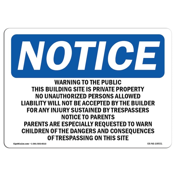 OSHA Notice Sign, 3.5" Height, Warning To The Public This Building Site Sign, Landscape, 10PK